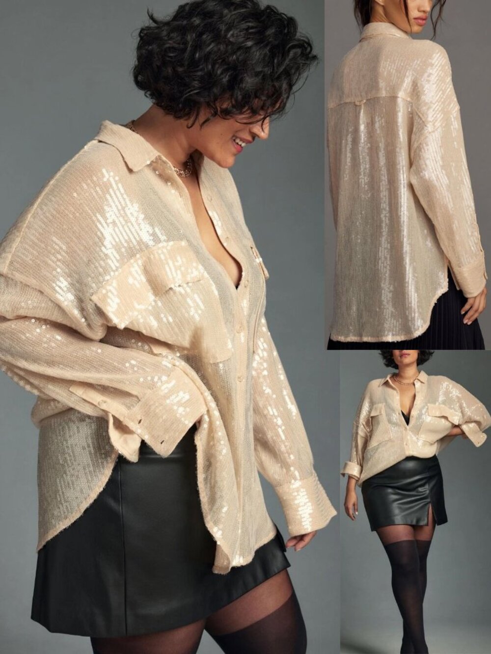 Anthropologie Pilcro Long-Sleeve Oversized Sequin Buttondown Shirt L $158 Glam